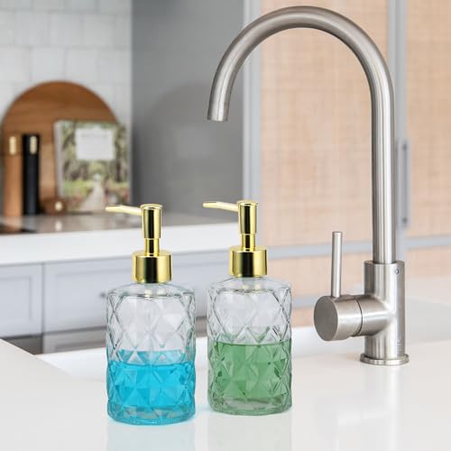 Image of Segbeauty Kitchen Soap Dispenser Set, 2 Pack 11.8oz Clear Glass Soap Dispenser Refillable, 350ml Farmhouse Decor Vintage Soap Dispenser with Funnel and Diatomite Coaster Empty Press Pump Bottles