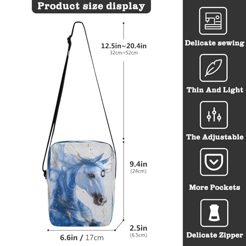 Crossbody Bag Blue Gold Marble Horse Messenger Bag for Women Men Purse Shoulder Bag Satchel Bag with Adjustable Strap 214B92473