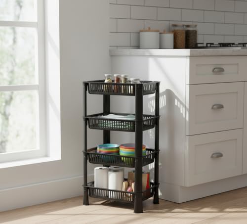 Image of U-Max Multi Tire Kitchen Storage Rack, Plastic Utility Shelf Organiser, Space Saving Storage Solution, Revolving Vegetable Rack (Black-Regular, 4)