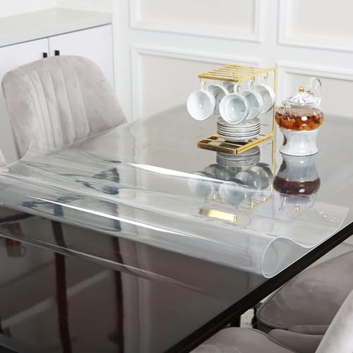 PVC Clear Transparent Table cloth Cover or Protector Thick Plastic Desk Floor or Chair Mat Rectangler Kitchen Wood Grain Soft Waterproof Heat Resistant Glass 1mm/1.5mm (100 X 200 CM)