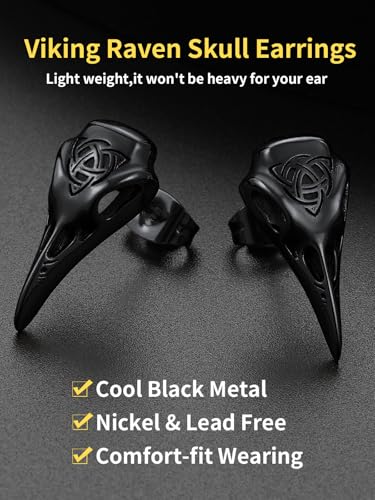 ChainsHouse Viking Earrings for Men, Raven Skull/Celtic Cross Ear Studs, Stainless Steel/Black/Gold Plated Punk Gothic Earrings, Lightweight Hypoallergenic Stud Jewelry with Gift Box3
