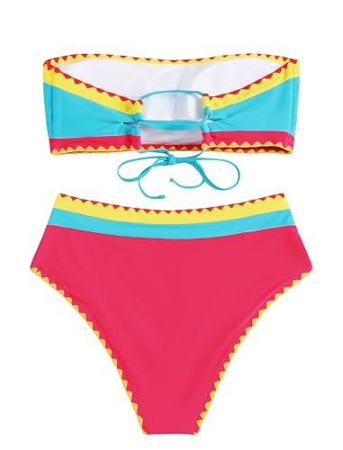 Image of ZAFUL Women's High Cut Bandeau Bikini Set Strapless Solid Color 2 Pieces Bathing Suit Swimsuit