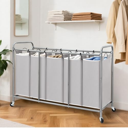 Image of STORAGE MANIAC 5 Section Laundry Sorter, 5 Bins Rolling Separator Laundry Basket, Dirty Clothes Hamper Divider with Heavy Duty Lockable Wheels, Large Clothes Organizer Cart, Gray