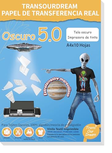 TransOurDream- Marca de Confianza,Papel de Transferencia Térmica para Camisetas y Tejidos Oscuro（A4x10 Hojas） Fácil de Usar, Compatible con Impresoras de Inyección de Tinta, ES-3-5.0-10