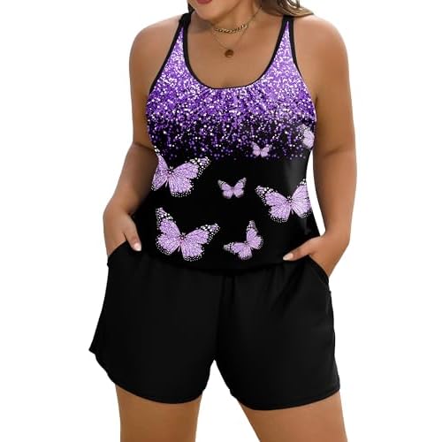 Arolina Women's Plus Size Swim Romper One Piece Swimsuits Modest Bathing Suit with Pockets (S-24W) Small Purple Butterfly