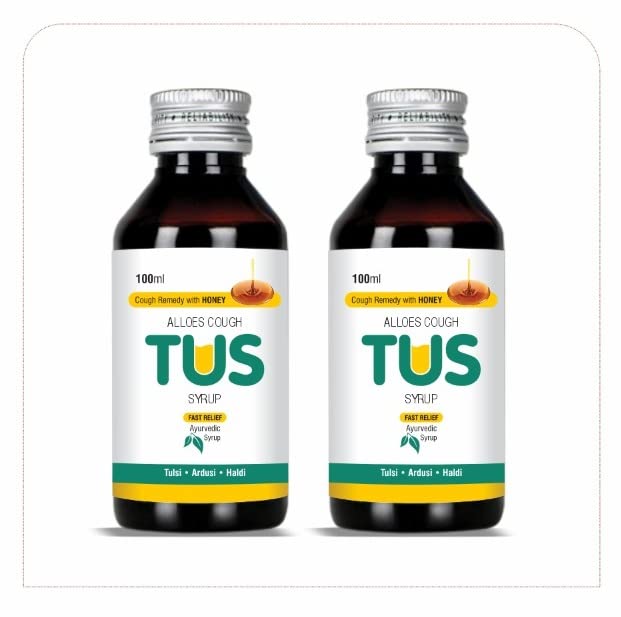 ALLOES PHARMACEUTICALS 100% Natural Paraben-free Ayurvedic Cough TUS Syrup with Tulsi, Ardusi, Haldi, Honey - Fast Relief from Dry And Chesty Cough, Cold & Throat Irritation - 100ML (Pack of 2)