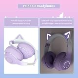 Słuchawki Cat Ear, Bezprzewodowe Zestawy Słuchawkowe do Gier Przez Kabel AUX Bluetooth 5.1/3.5mm, Składane Słuchawki z 7 Kolorowymi Diodami LED i 4 Trybami LED dla Dziewczynek,(Fioletowy)