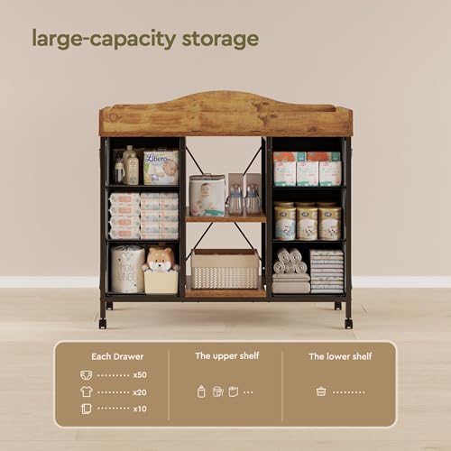 Image of YeTom Changing Table, 6-Drawer Dresser, Adjustable Shelves, Rustic Brown | Changing Table Dresser, Waterproof Diaper pad & Safety Strap, 6 drawers, Adjustable shelves, Mobile Nursery Organizer