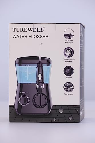 TUREWELL elektryczny irygator do jamy ustnej, 10 poziomów ciśnienia i 8 dysz, wodoszczelność IPX7, 600 ml płetwa do domu (czarna)
