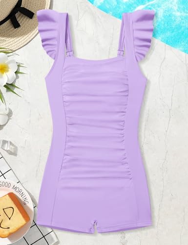Image of Girls Swimsuit Ruffle Solid One Piece Bathing Suits 7-18 Years | Teen Bathing Suits for Girls Ruched Sleeveless Girls' Swimwear