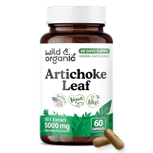 Wild & Organic Artichoke Extract Capsules 500 mg - Liver & Digestive Support - Artichoke Leaf Extract Supplement - Cynara Scolymus Leaf Powder - Vegan No Fillers Non-GMO - 60 Count