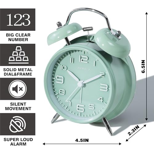 Image of AYRELY Super Loud Twin Bell Alarm Clock for Heavy Sleepers Adults, 4-Inch Retro Silent Non-Ticking with Night-Light, 3D Raised Number Dial, Battery Operated for Bedroom Bedside (3D Dial - Green)