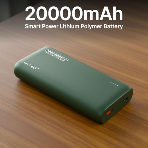 Image of pTron 20000mAh Powerbank w / 22.5W Fast Charging, USB & Type C Output, Built-in Cables, Compatible w /Power Delivery, Quick Charge for iPhone, Android Mobile & Tablets, Dynamo Storm (Pine Green)