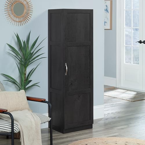 Image of Sauder Miscellaneous Tall Storage Cabinet, Kitchen Pantry, Single Door with Adjustable Shelves, Raven Oak Finish
