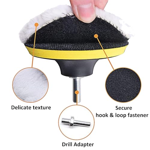 7 Stück ø 75mm Polierpads Lammfell pad Polieren polierscheibe Polierset Set mit Klett pad + M10 Bohrer Adapter Wolle Polierhaube Lammwolle Polierfell für Auto poliermaschine
