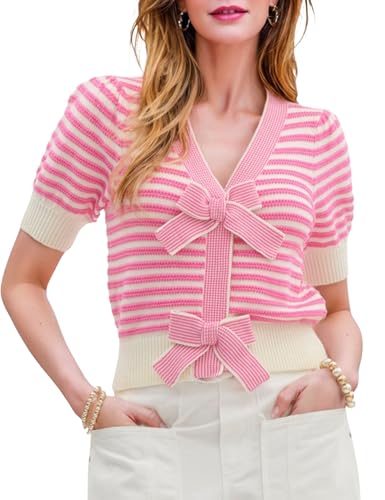 Image of InterNos Womens Bow Front Short Sleeves Sweater Classic Striped V Neck Cropped Knit Pullover Tops