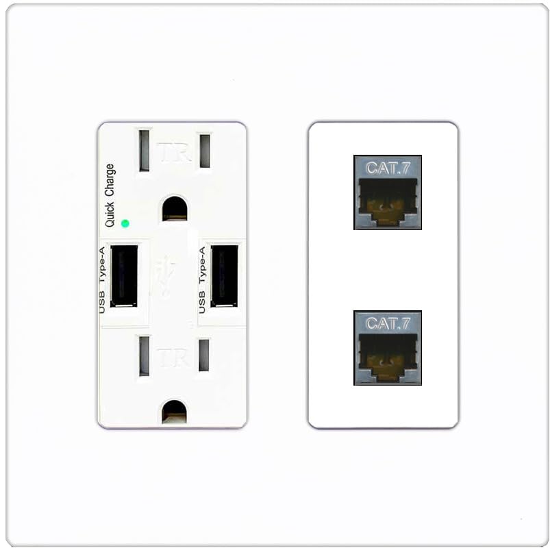 RiteAV 2 Port Cat7 Shielded Ethernet Wall Plate - USB Outlet [Screwless White]