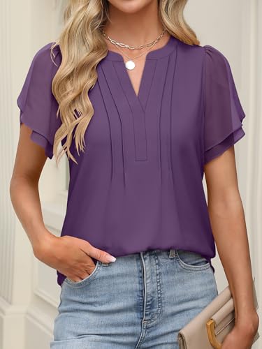 ANRABESS Womens Dressy Chiffon Blouses V Neck Petal Short Sleeve Shirts 2025 Summer Casual Business Office Work Tops3