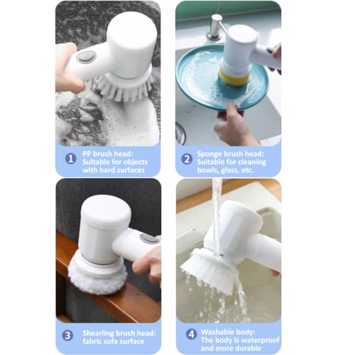 Image of Multifunctional Handheld Cordless Electric Cleaning Brush with 5 Replaceable Brush Heads Handheld Power Shower Scrubber for Bathtub, Floor, Wall, Tile, Toilet, Window, Sink, White