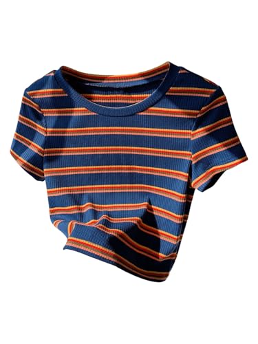 Girl's Striped Short Sleeve T-Shirts Crew Neck Ribbed Crop Tees Summer Tops