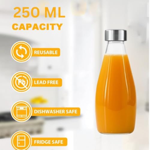 Image of Glassbunny 250ml Transparent Glass Water Bottle with Stainless Steel Lid & Anti-Slip Bottom, Leak-Proof, Reusable for Home, Office, Gym & Travel, Oil, Milk (Set of 2)
