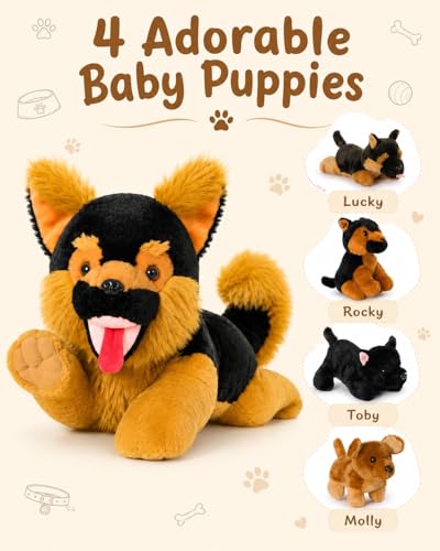 Image of MaoGoLan 5Pcs Giant German Shepherd Dog Plush Toys with 4 Babies, Realistic Soft and Cuddly Stuffed Dog Puppies for Kids, Puppy Lovers