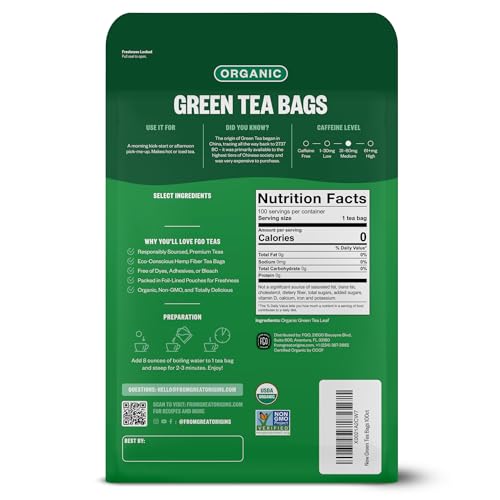 Image of FGO Organic Green Tea, 100 Count Eco-Conscious Tea Bags, Caffeinated, Resealable Pouch, Packaging May Vary (Pack of 1)