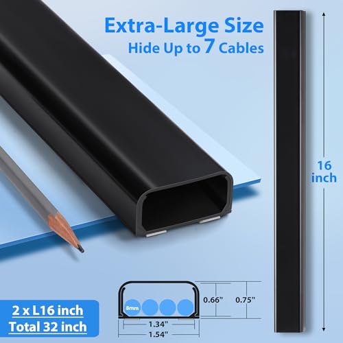 Image of ZhiYo 32 inch Cord Covers for 4-7 Wires on Wall, Black, 1.54 inch W x 0.75 inch H