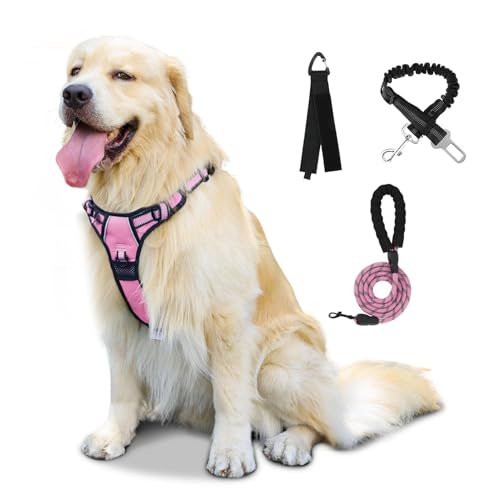 FURRYFECTION Dog Harness | No Pull Dog Harness | Reflective Oxford | Padded Handle | 4 Adjustable Straps | 2 Leash Clips | No Choke Pet Vest Harness for Small Medium Large Dogs | Pink | L