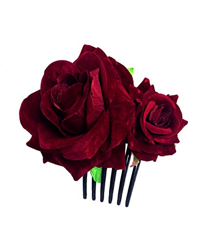 HongX Velvet Rose Hair Clip Wedding Bridal Flower Hair Comb Dancer Hair Pins Headpiece, Big and Small Rose, Dark Red