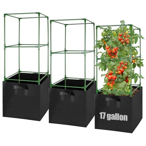 Image of ANPHSIN Sturdy Square Tomato Cage with Movable 17 Gal Grow Bags, 3 Sets