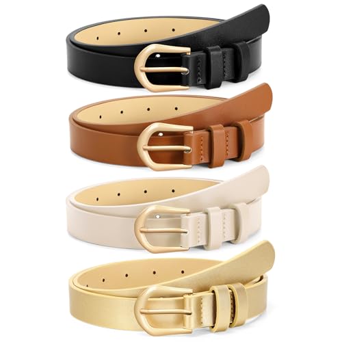Image of VONMELLI 4 Pack Womens Thin Leather Belt Skinny Waist Belts for Women Fashion Jeans Dress with Gold Buckle