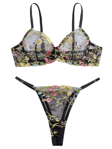 Image of Sexy Floral Embroidered Flower Mesh Underwire Push Up Lingerie Set