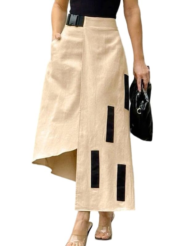 UOOZEE Women's Asymmetrical High Low Skirt Elastic High Waist Dressy Casual Business Work Midi Skirt with Pockets