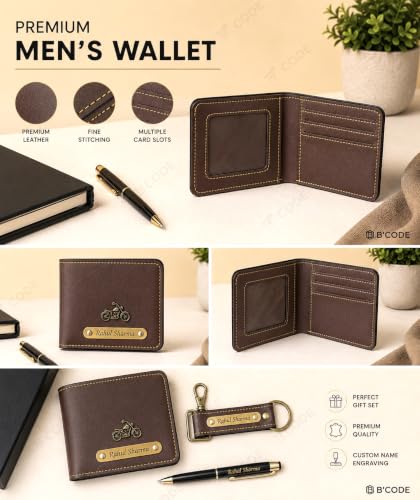 Image of B'Code Personalized Name & Charm Leather Wallet Mens Combo Giftset | Customized Birthday Anniversary Wedding Engagement Office Gifts for Man| Gift for Men| Brothers Raksha Bandhan Present (Brown)