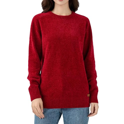 Image of Simple&Opulence Women's Chenille Sweater Crewneck Long Sleeve Pullover Ribbed Cuff Hem Round Neck Jumper Tops