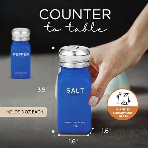 Image of Blue Salt and Pepper Shakers Set by Brighter Barns - Cute Salt Shaker - Modern Kitchen Decor and Accessories for Dining Table Centerpiece, Coastal Home Decor, Dining Room, Restaurants, Airbnb (Blue)