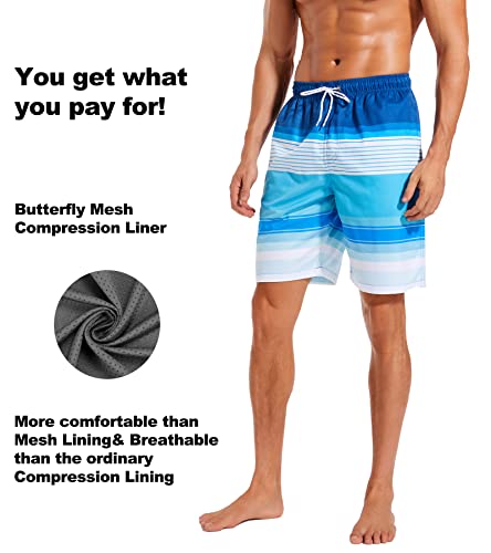 Difficort Mens Swim Trunks With Compression Liner Quick Dry Bathing Suits Shorts With Zipper Pockets,Blue & White Stripe,Medium #TOP3