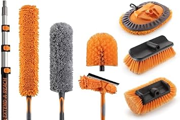 20 Foot High Ceiling Duster Kit and Scrub Brush with 4-12 ft Extension Pole and Wall Duster // Duster, Window Squeegee & Cobweb Duster with Extension Pole // Interior & Exterior House Cleaning Brushes