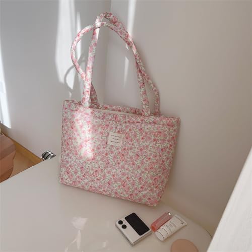 Image of Floral Quilted Cotton Shoulder Bag for Women Medium Size Handbag Large Capacity Thickened Design Tote