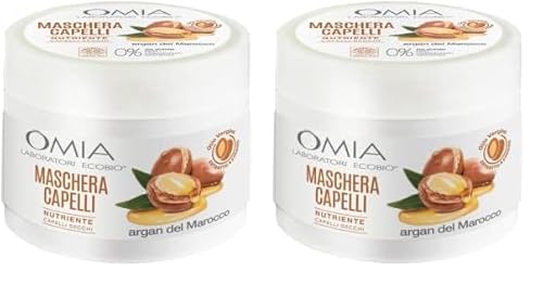 Omia - Maschera Per Capelli Eco Bio Con Olio di Argan, Trattamento Ristrutturante per Capelli Secchi e Spenti, Maschera per Lavaggi Frequenti, Azione Ristrutturante, Senza Siliconi e SLES, 250 ml