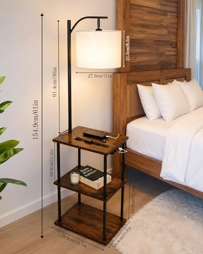Image of Homesake Modern Floor Lamp with Wooden Shelves & Charging Station | Bedside Lamp with USB Port, Power Outlet | Corner Light, Space-Saving Side Table Lamp for Living Room & Bedroom (Walnut, Off-White)