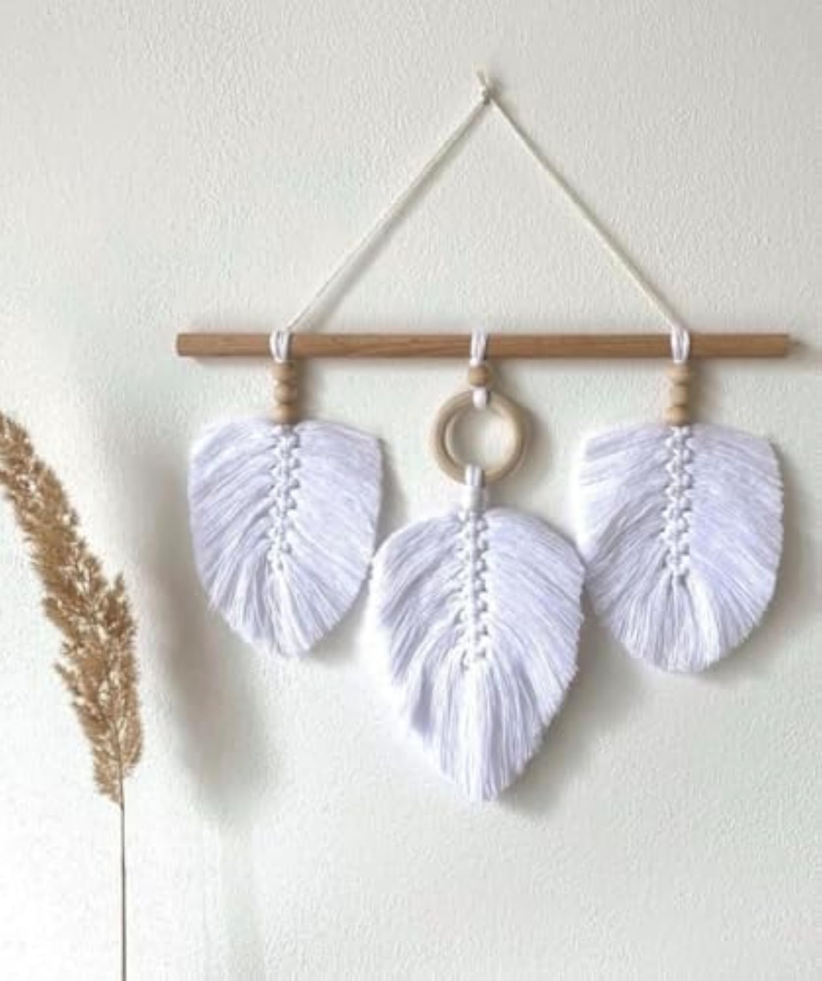 Boho Macrame Feather Wall Hanging, White Cotton Rope Decor