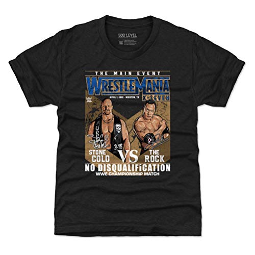 500 LEVEL Wrestlemania Youth Shirt (Kids Shirt, 10-12Y Large, Tri Black) - WWE Boys Clothes - Wrestlemania X-Seven Stone Cold Steve Austin Vs. The Rock WHT