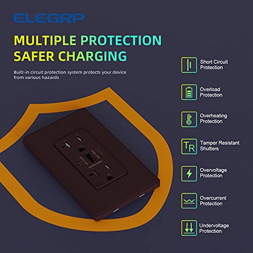Image of ELEGRP USB Outlets, 30W 6.0 Amp USB C Outlets Receptacles, 3-Port USB Wall Outlet, 20 Amp Tamper-Resistant Outlet with 2 USB C Ports, UL Listed, Screwless Wall Plate Included, 1 Pack, Matte Brown