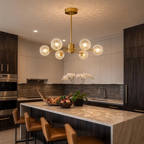 Image of Modern Gold Sputnik Chandelier,6-Light Clear Glass Globe Chandelier, Mid Century Pendant Light Fixture for Dining Room Kitchen Island Living Room Bedroom Entryway