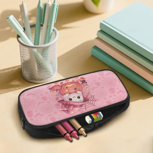Image of Pencil Case, Pen Pouch Bag for Kids Students School Supplies | Pink Kawaii Ghost Print,polyester fabric,wear-resistant and easy to clean,zipper design gift for boys and girls