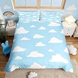 Homewish White Clouds Duvet Cover,Cartoon Clouds Blue Sky Decor Bedding Set for Kids Teens Adults,Simple Style Graffiti Decorative Comforter Cover with 2 Pillowcases(No Comforter) Queen Size 3 Pcs