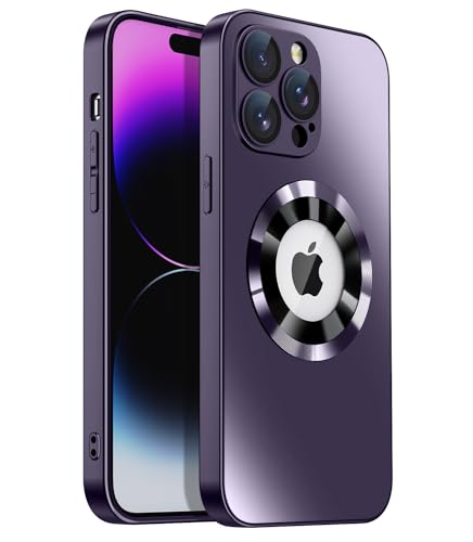 Coque antichoc noire et violette iPhone 15 Pro Max avec fenêtre logo et aimant MagSafe
