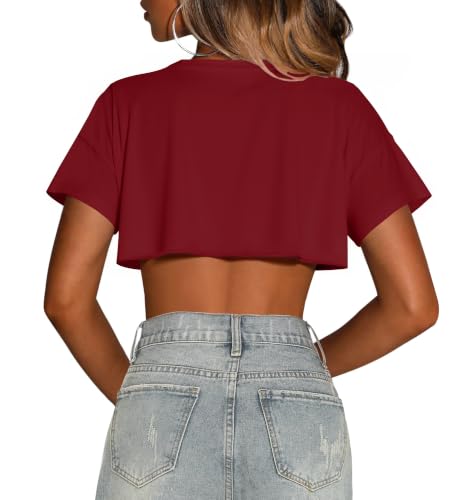 Image of Crop Tops for Women Oversized Short Sleeve T Shirts Crew Neck Cropped Tees